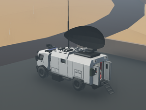 A white van with telecommunication equipment mounted on the roof.
